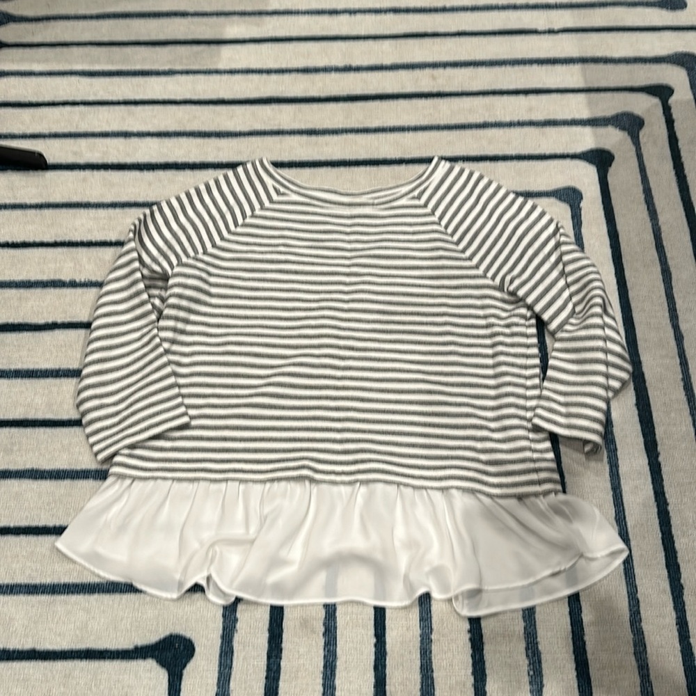 LOFT - black and white (looks grey) striped top with flair bottom. M